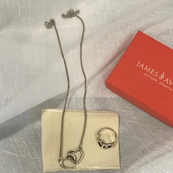 James Avery Set OF Silver Double Heart Necklace with Silver Ring - Picture 1 of 4